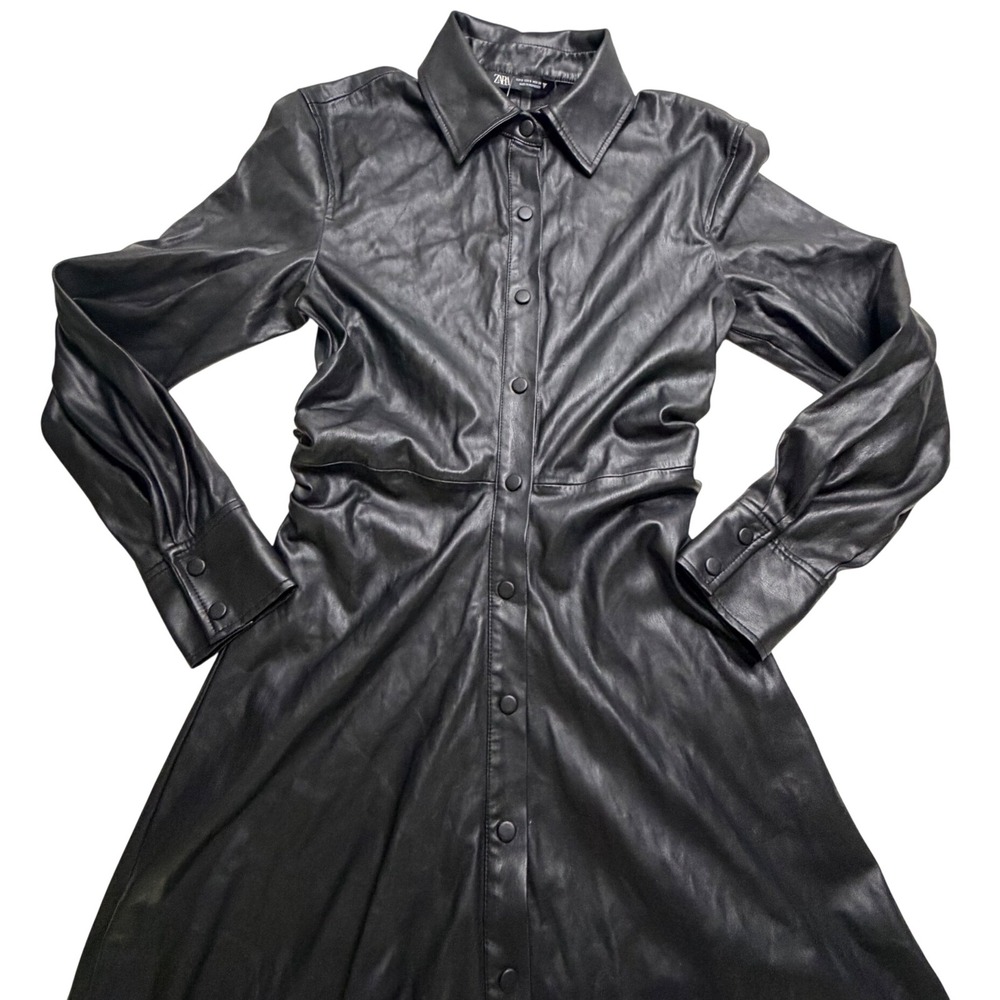 Zara Black Faux Leather Midi Shirt Dress Ruched Waist Snap Front Womens Small